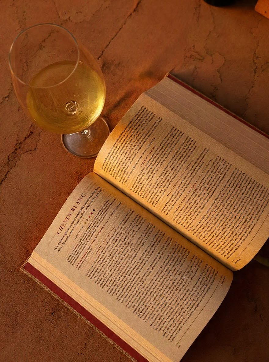 Wijnboek met een glas witte wijn